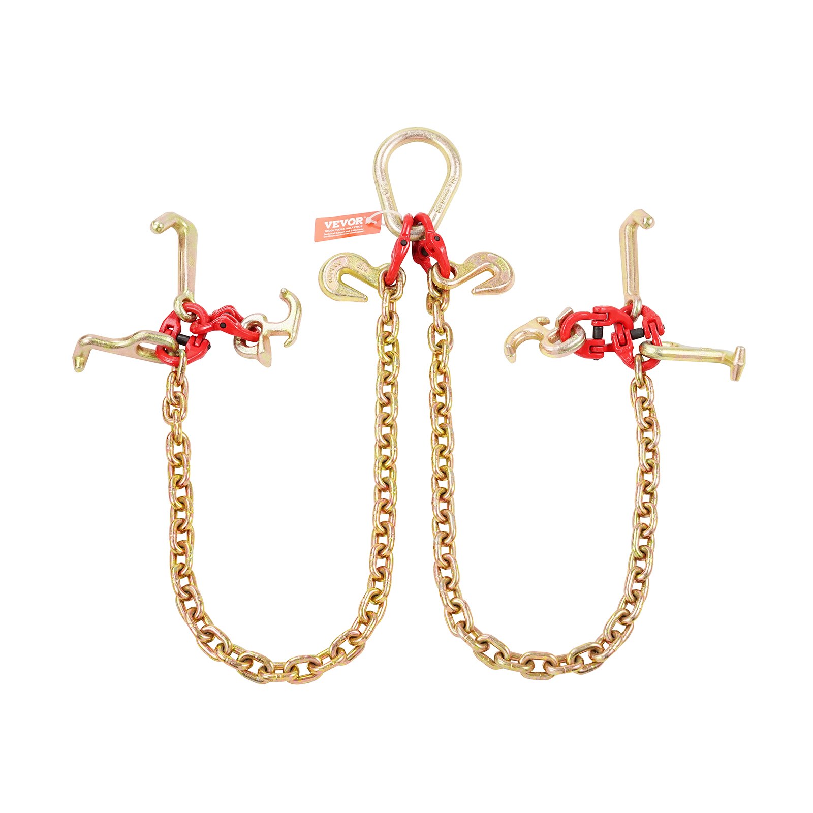 VEVOR G80 V Bridle Chain, 5/16" x 3' Towing Chain Bridle with R Hooks, T Hooks, J Hooks and Grab Hooks, Transport Tow Chain Bridle with 10800 lbs Safe Working Load for Flatbed Truck Wrecker Recovery