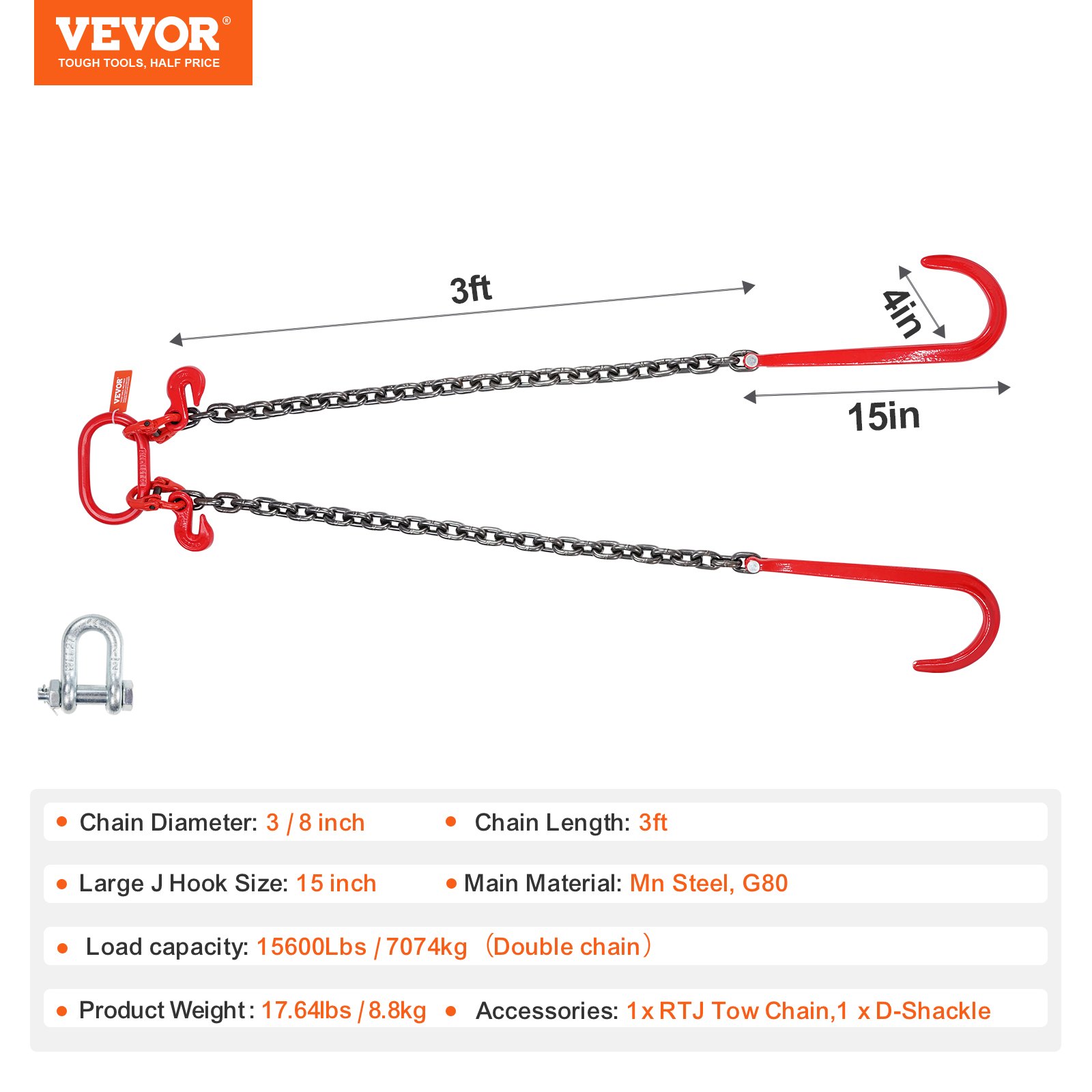 VEVOR G80 V Bridle Chain, 3/8" x 3' Towing Chain Bridle with 15" J Hooks and Grab Hooks, Heavy Duty Transport Tow Chain Bridle with 7800 lbs Safe Working Load for Flatbed Trailer Wrecker Recovery
