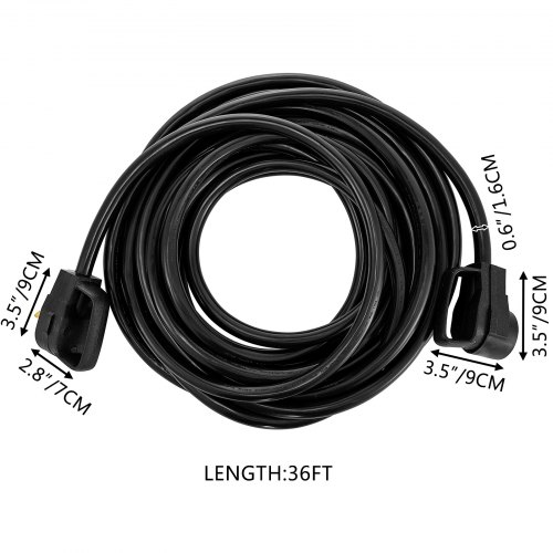 VEVOR 36ft 30A RV Extension Cord Camper, TT-30P to TT-30R Heavy Duty RV Power Cord STW 10/3 60C FT2 BLK Easy Unplug Design with Handle & Cord Organizer, Weatherproof for Camping, Tailgating, Outdoor