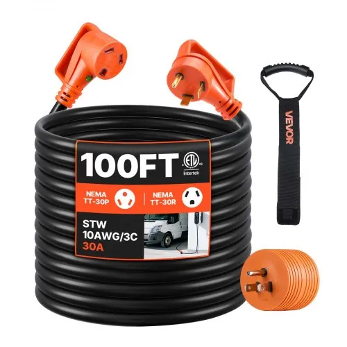 VEVOR 100 FT RV Extension Cord, 30 Amp, 125V 2500W Heavy Duty STW 10/3 Gauge Wire, NEMA TT-30P Male NEMA TT-30R Female Plug, with LED Power Indicator, Handle, 15A Adapter, for RV Trailer, ETL Listed