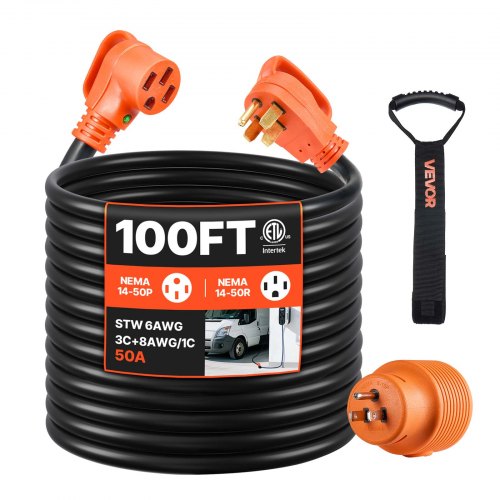 VEVOR 100 FT RV Extension Cord, 50 Amp, 125V 7500W Heavy Duty STW 6/3 + 8/1 Gauge Wire, NEMA 14-50P Male NEMA 14-50R Female Plug, with LED Indicator, Handle, 15A Adapter, for RV Trailer, ETL Listed