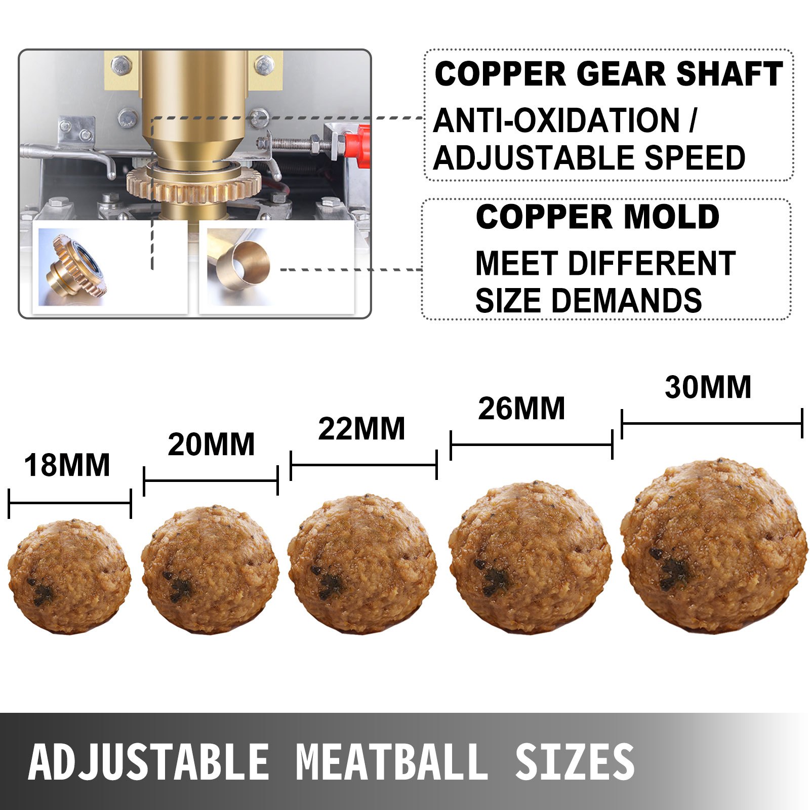 VEVOR Commercial Meatball Forming Machine, 280 PCs/min Meatball Maker Machine, 1100W Electric Fish Beef Pork Ball Making Tool with 18/20/22/26/30 mm Models, Stainless Steel