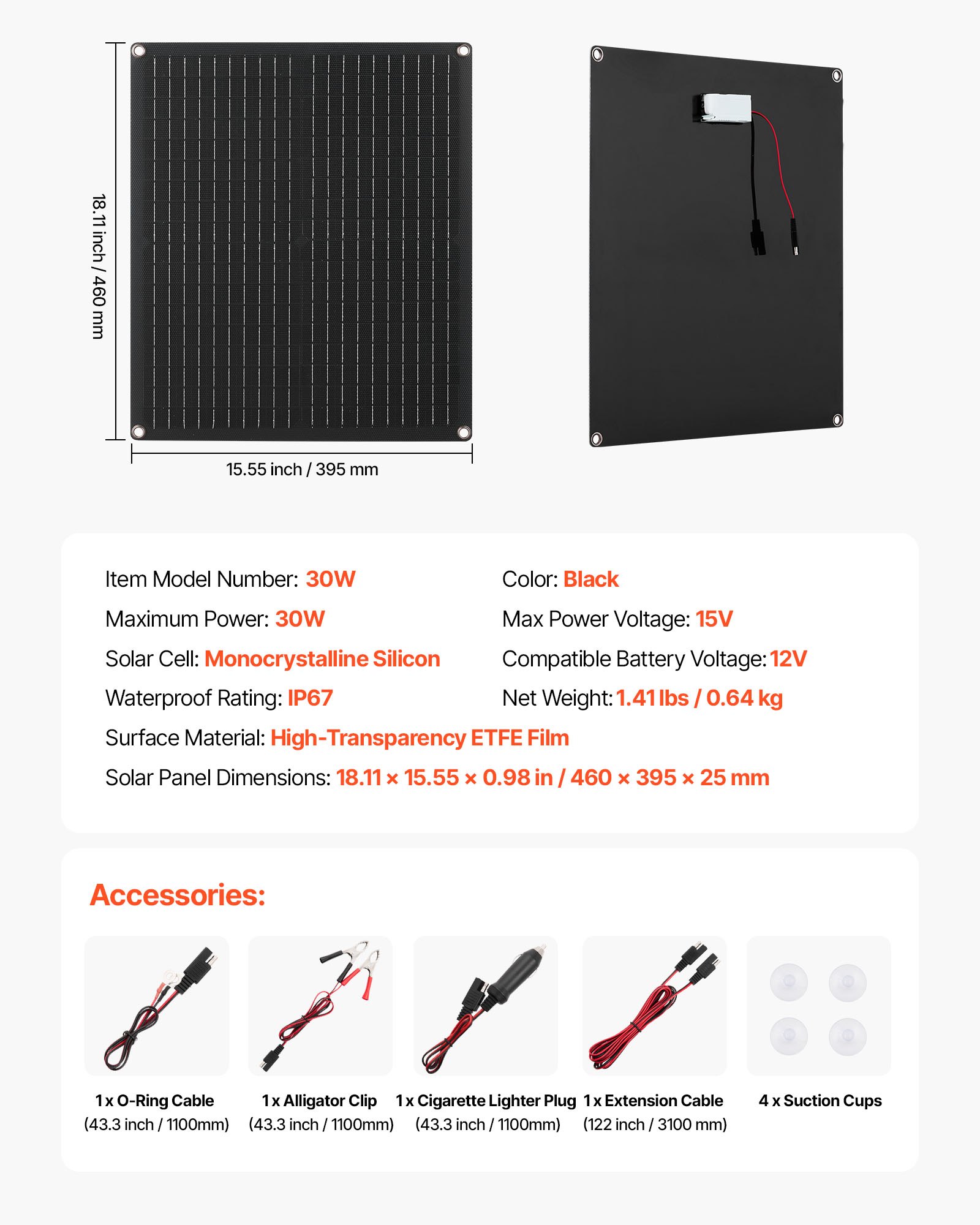 VEVOR 30W 12V Solar Panel Battery Charger, Solar Battery Trickle Charger Maintainer with Built-in Smart Controller & 3 Connection Cables, IP67 Waterproof Portable for RV Car Motorcycle Boat Van Camper
