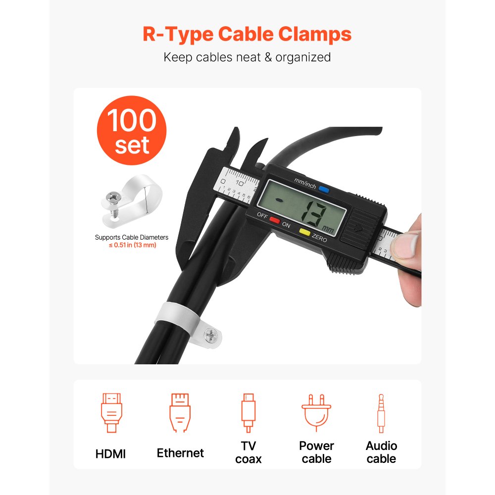 VEVOR R-Type Cable Clip, 0.51 in Wire Clamp, 100 Pack Nylon Screw Mounting Cord Fastener Clips with Screws, Electrical Grip Clip Wires Clamp, for Cable Management, Wire Organizer & Cord Holder(White)