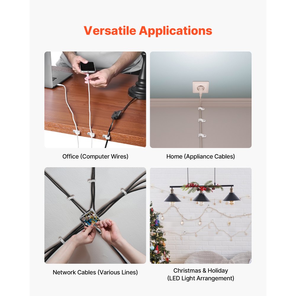 VEVOR R-Type Cable Clip, 0.51 in Wire Clamp, 100 Pack Nylon Screw Mounting Cord Fastener Clips with Screws, Electrical Grip Clip Wires Clamp, for Cable Management, Wire Organizer & Cord Holder(White)