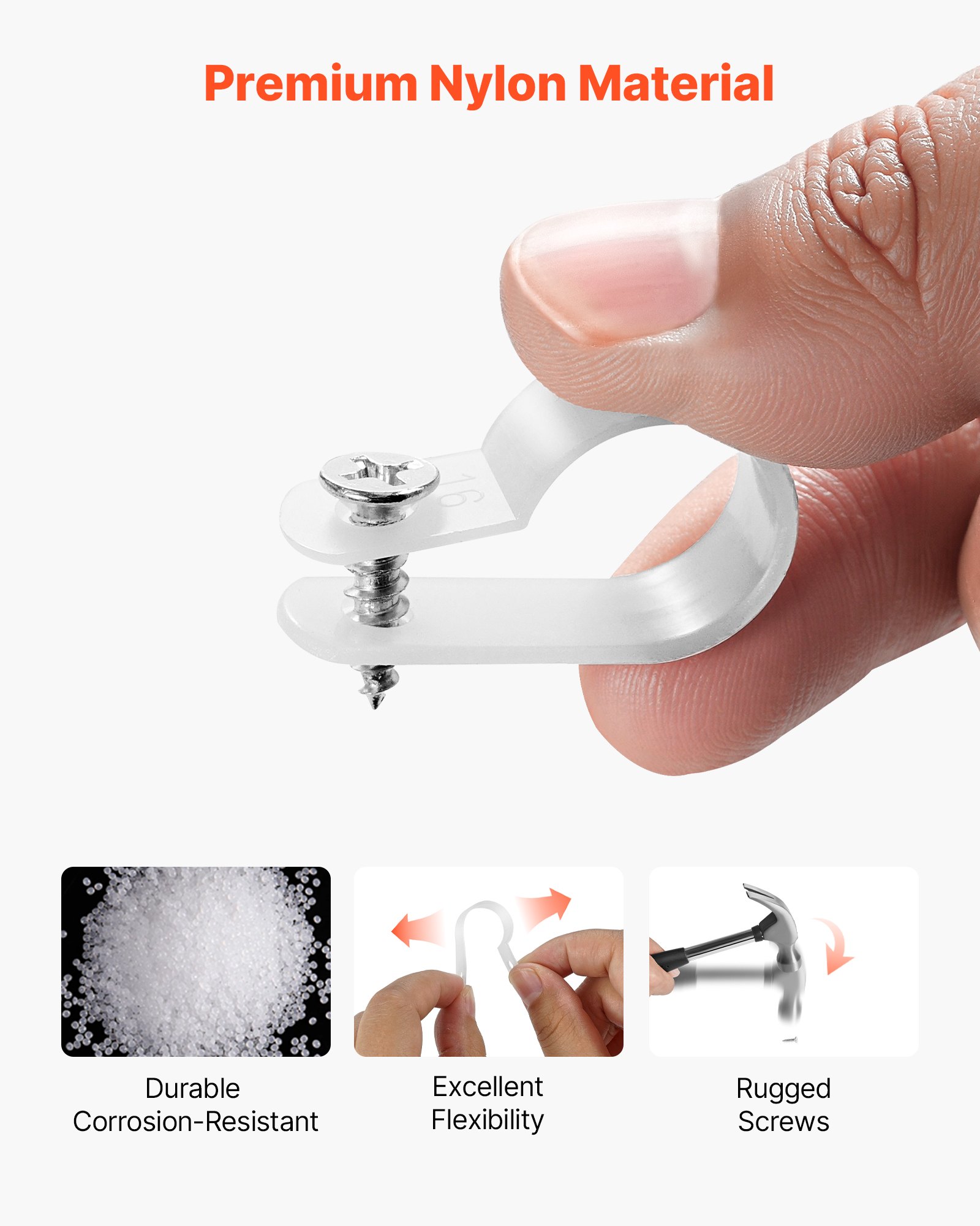 VEVOR R-Type Cable Clip, 0.51 in Wire Clamp, 100 Pack Nylon Screw Mounting Cord Fastener Clips with Screws, Electrical Grip Clip Wires Clamp, for Cable Management, Wire Organizer & Cord Holder(White)