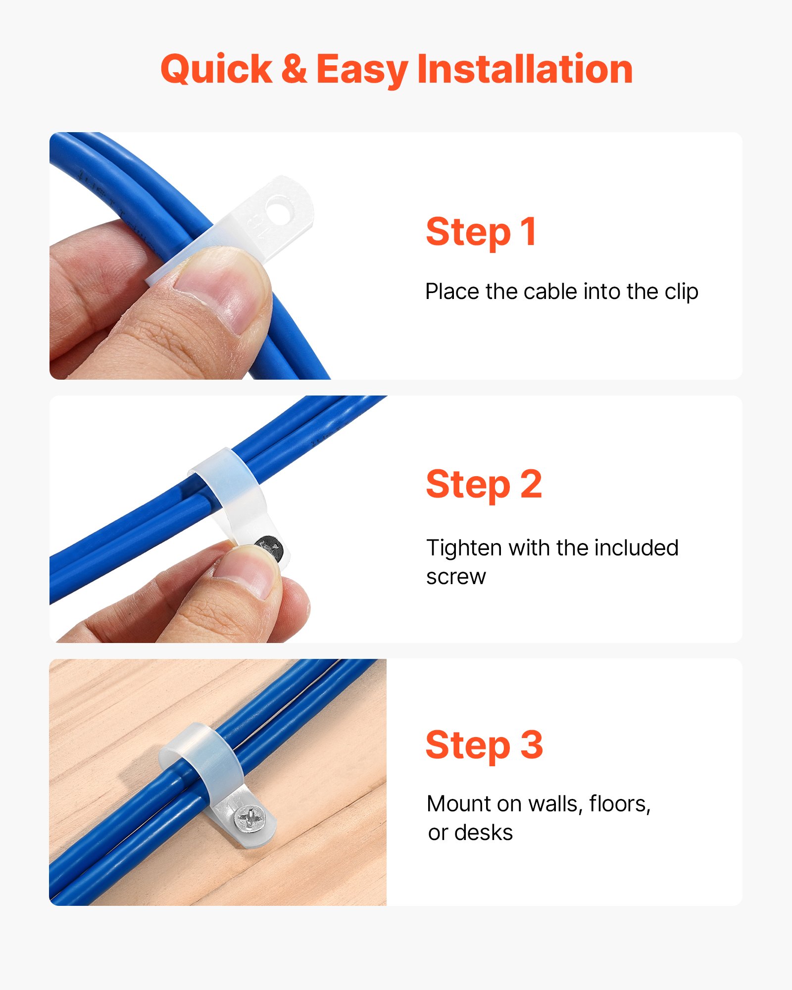 VEVOR R-Type Cable Clip, 0.51 in Wire Clamp, 100 Pack Nylon Screw Mounting Cord Fastener Clips with Screws, Electrical Grip Clip Wires Clamp, for Cable Management, Wire Organizer & Cord Holder(White)