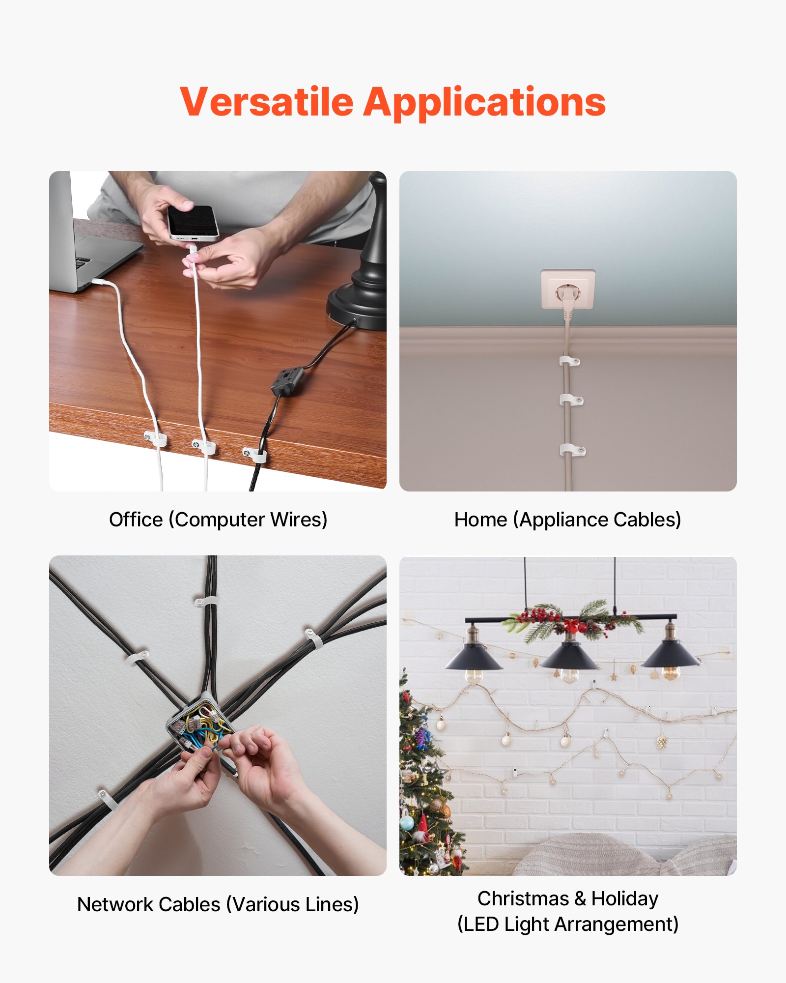 VEVOR R-Type Cable Clip, 0.51 in Wire Clamp, 100 Pack Nylon Screw Mounting Cord Fastener Clips with Screws, Electrical Grip Clip Wires Clamp, for Cable Management, Wire Organizer & Cord Holder(White)