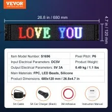 VEVOR Programmable LED Sign, P6 Full Color LED Scrolling Panel, DIY Custom Text Animation Pattern Display Board, Bluetooth APP Control Message Shop Sign for Store Business Car Advertising, 27"x5"