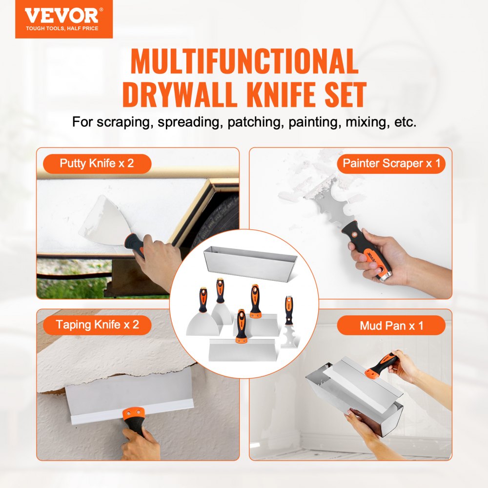VEVOR Drywall Knife Set, 6 PCS Drywall Tools Includes 3" Painter Scraper, Two Putty Knives,  Two Taping Knives and 12" Mud Pan, Stainless Steel Spackle Tool, Drywall Finishing Tools for Home