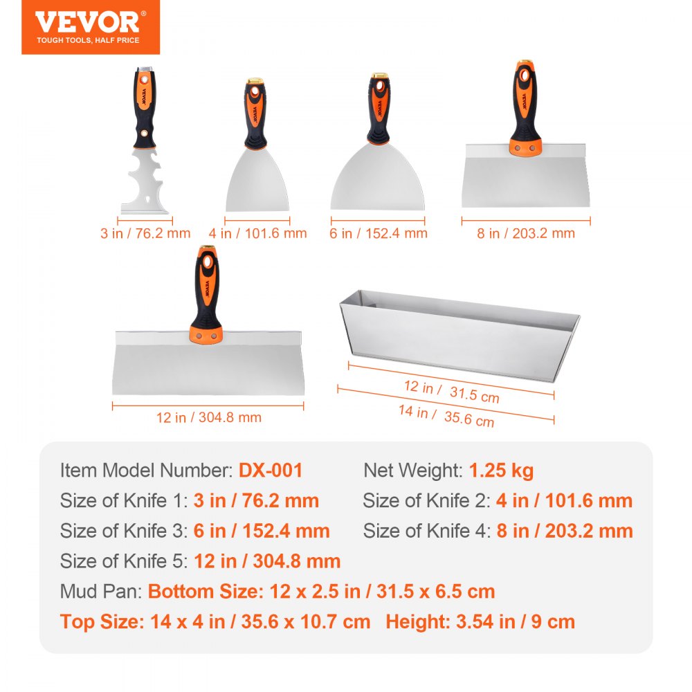 VEVOR Drywall Knife Set, 6 PCS Drywall Tools Includes 3" Painter Scraper, Two Putty Knives,  Two Taping Knives and 12" Mud Pan, Stainless Steel Spackle Tool, Drywall Finishing Tools for Home