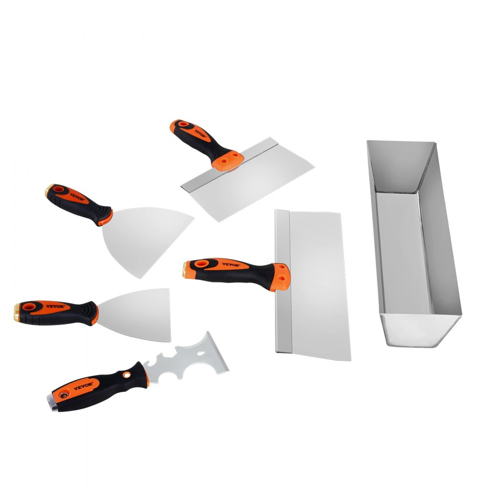 VEVOR Drywall Knife Set, 6 PCS Drywall Tools Includes 3" Painter Scraper, Two Putty Knives,  Two Taping Knives and 12" Mud Pan, Stainless Steel Spackle Tool, Drywall Finishing Tools for Home