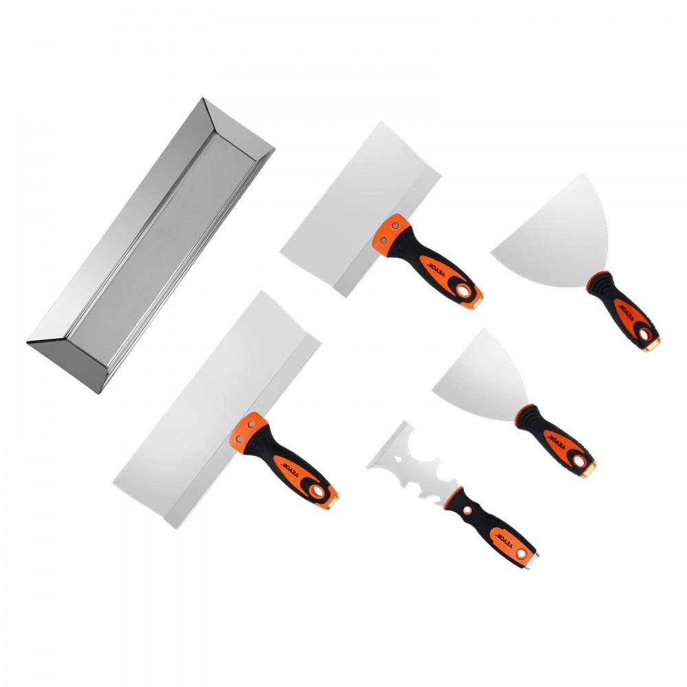 VEVOR Drywall Knife Set, 6 PCS Drywall Tools Includes 3" Painter Scraper, Two Putty Knives,  Two Taping Knives and 12" Mud Pan, Stainless Steel Spackle Tool, Drywall Finishing Tools for Home