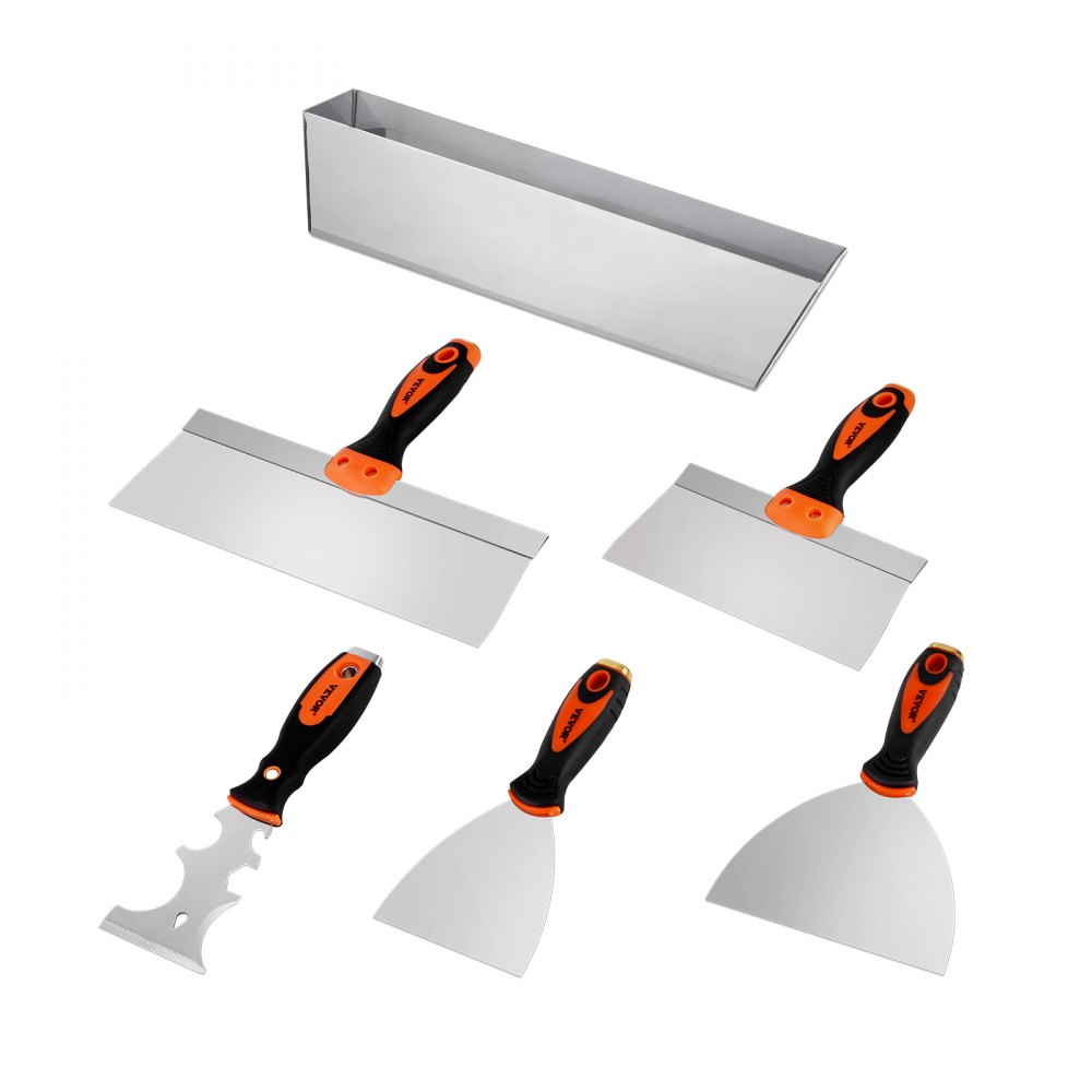 VEVOR Drywall Knife Set, 6 PCS Drywall Tools Includes 3" Painter Scraper, Two Putty Knives,  Two Taping Knives and 12" Mud Pan, Stainless Steel Spackle Tool, Drywall Finishing Tools for Home