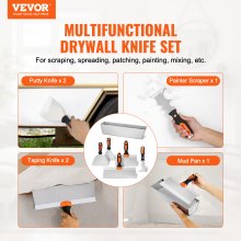 VEVOR 6PCS Drywall Knife Set , Stainless Steel Paint Scraper Putty Knife 3'' 4'' 6'' 8'' 12'' with Mud Pan