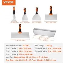 VEVOR 6PCS Drywall Knife Set , Stainless Steel Paint Scraper Putty Knife 3'' 4'' 6'' 8'' 12'' with Mud Pan