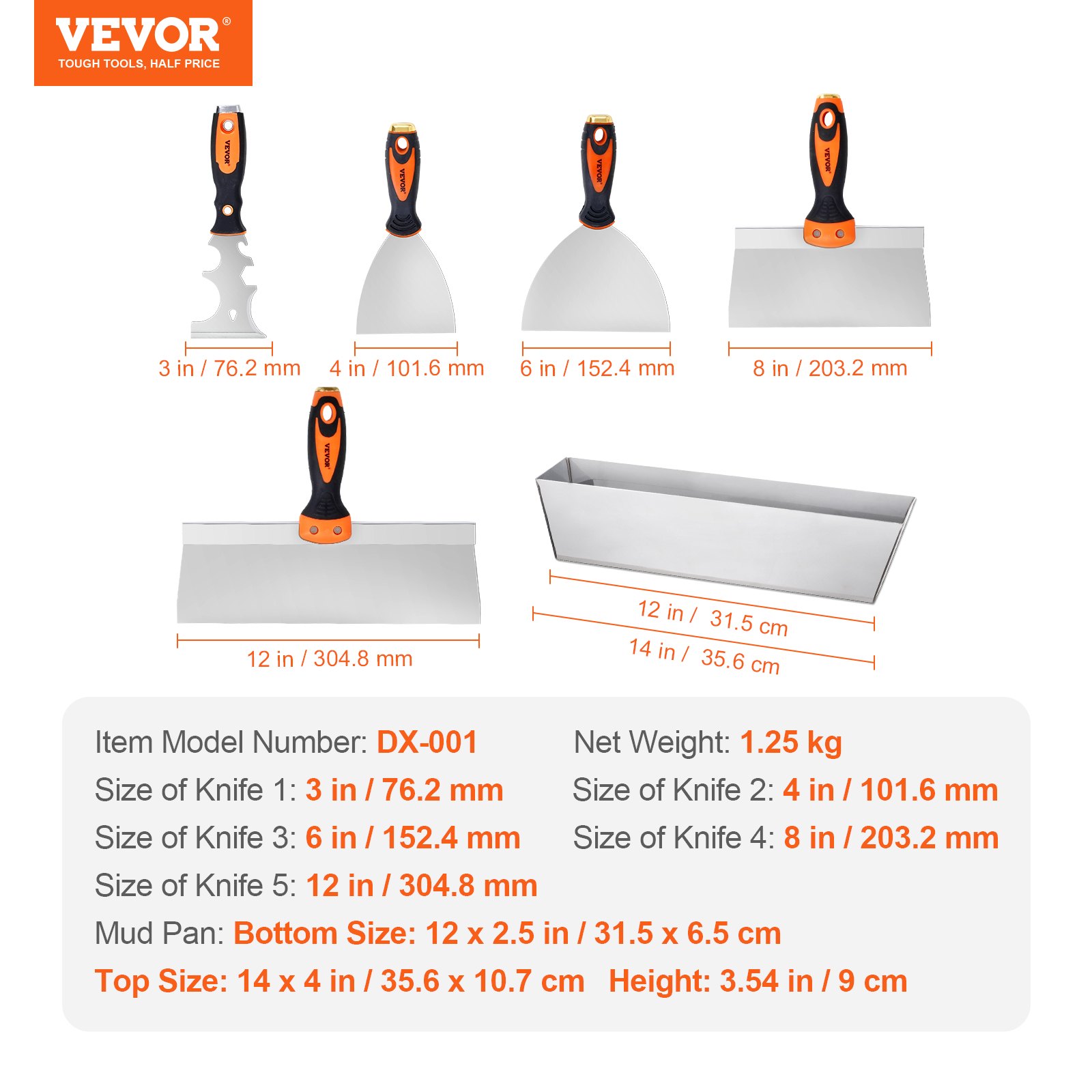 VEVOR Drywall Knife Set, 6 PCS Drywall Tools Includes 3" Painter Scraper, Two Putty Knives,  Two Taping Knives and 12" Mud Pan, Stainless Steel Spackle Tool, Drywall Finishing Tools for Home