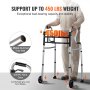 VEVOR folding walker supports up to 450 lbs, features 1.35mm aluminum tubing and soft pu hand grips.