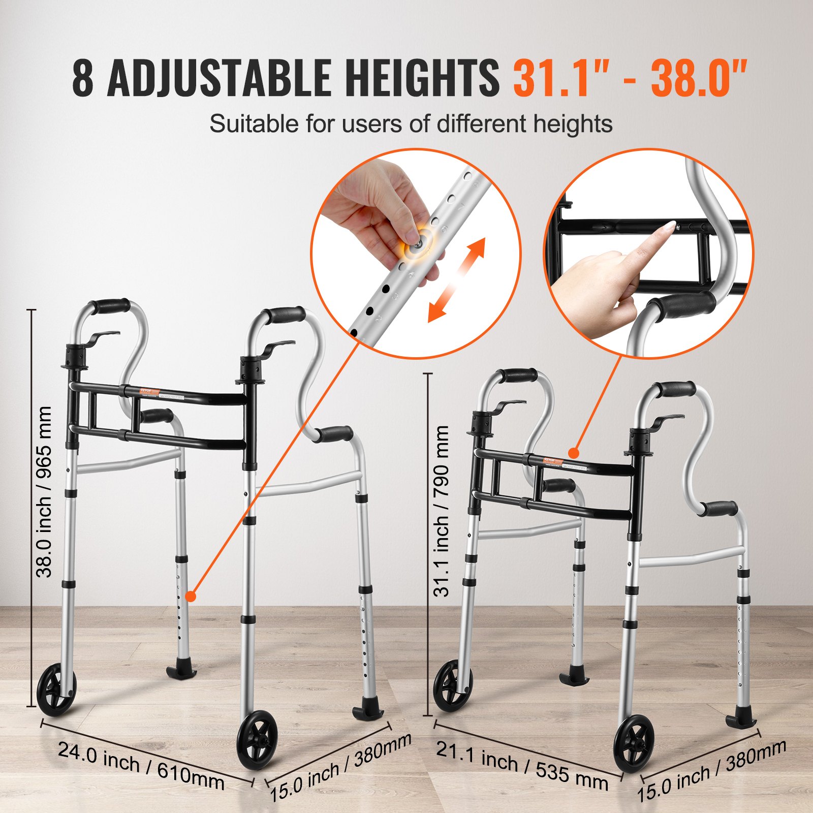 VEVOR folding walker with 8 adjustable heights from 31.1&quot; to 38.0&quot;, suitable for different users.