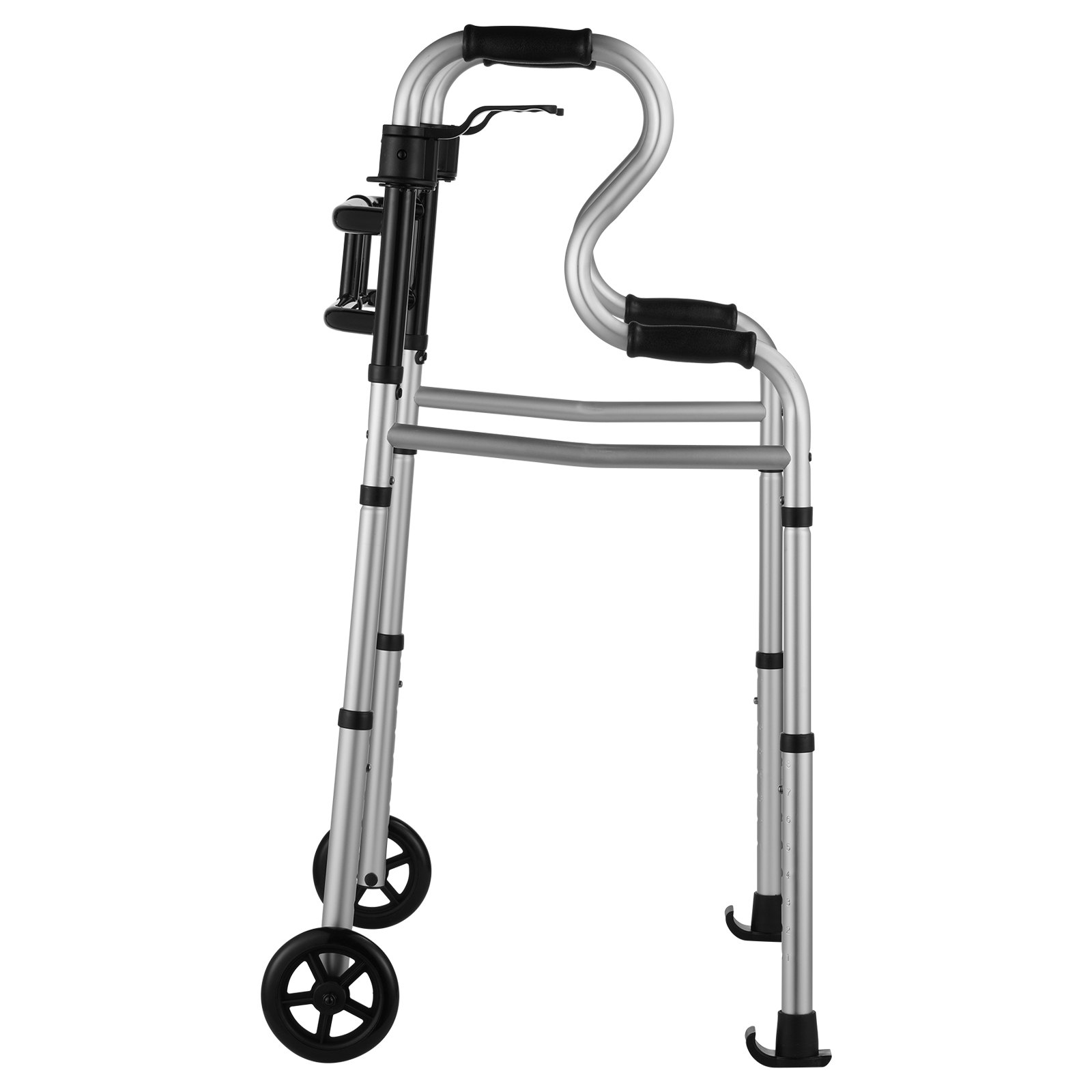 VEVOR folding walker with wheels, ergonomic handgrips, and adjustable height in silver finish.