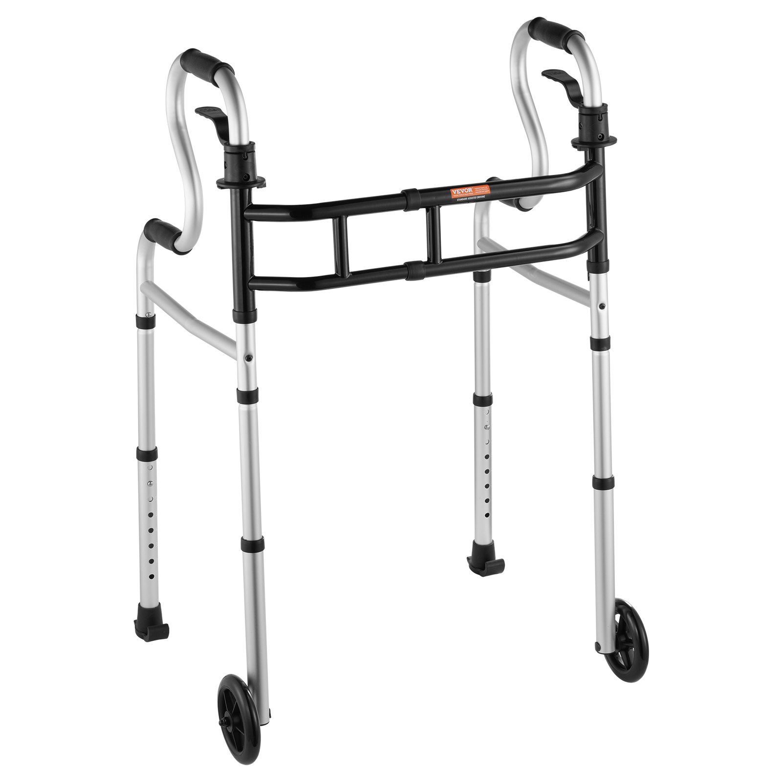 VEVOR folding walker with wheels, adjustable height, and ergonomic handles for support and mobility.