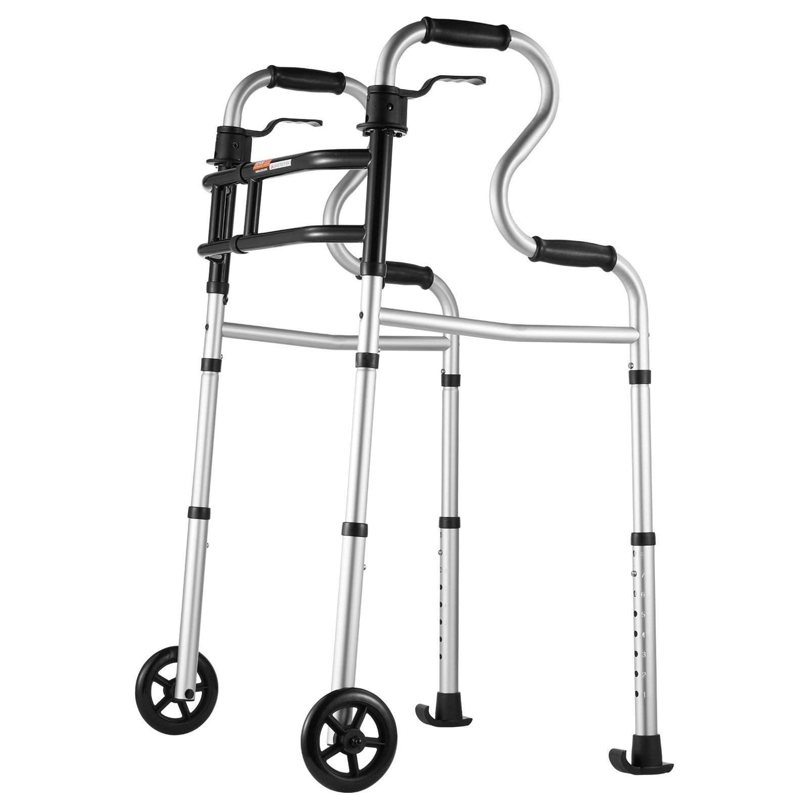 VEVOR folding walker with dual-wheeled front wheels, adjustable height, and ergonomic hand grips.