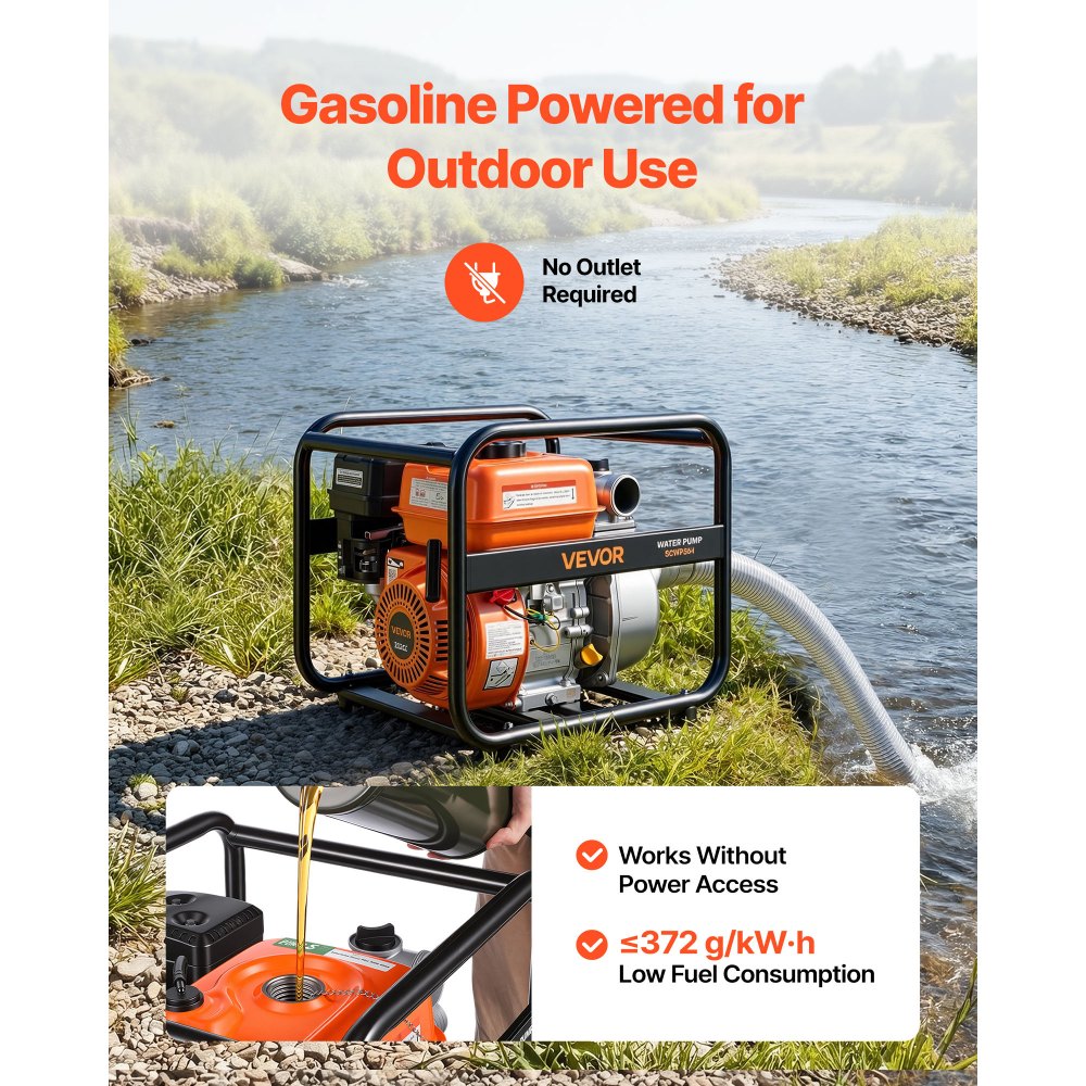 VEVOR Gas Powered Water Pump, 2 in, 132 GPM 6.5HP Semi Trash Water Transfer Pump Portable, Gasoline Engine with 25 ft Discharge Hose, Heavy Duty Frame, Cast Iron Impeller, for Irrigation, Ponds, Pools