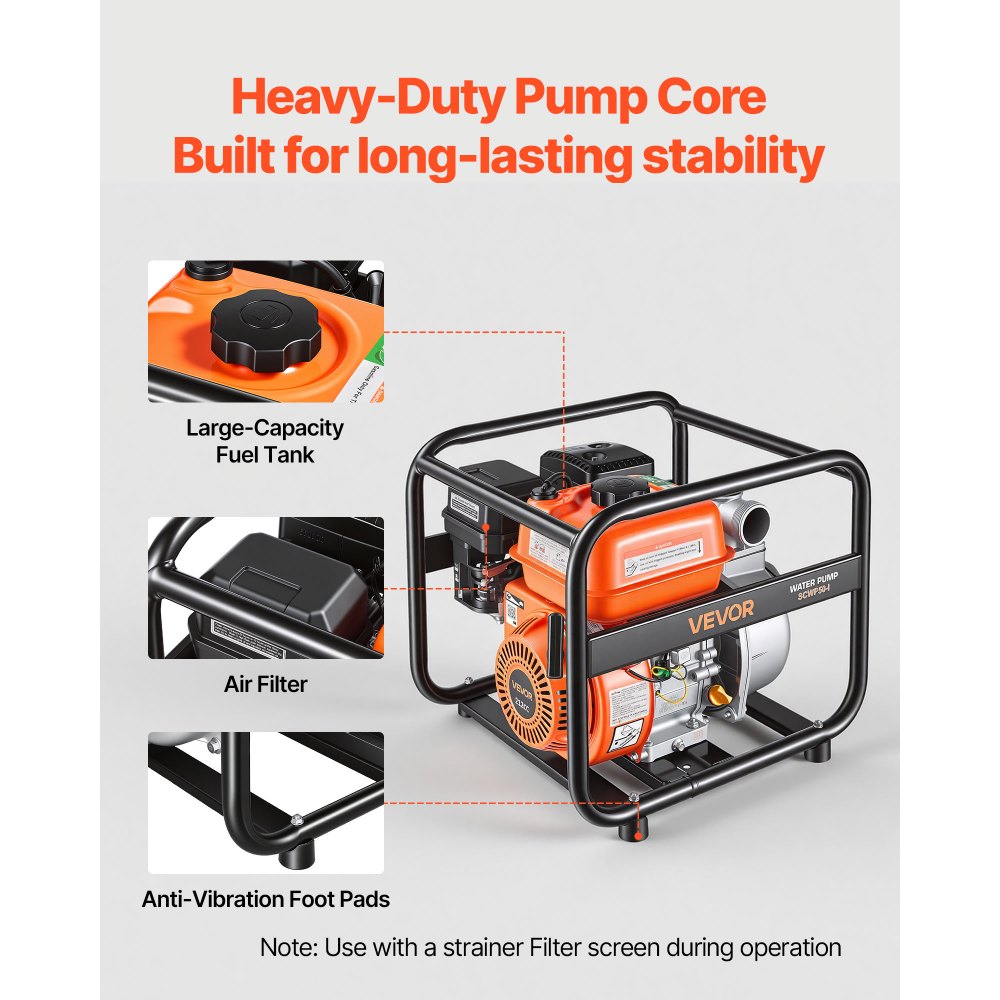 VEVOR Gas Powered Water Pump, 2 in, 132 GPM 6.5HP Semi Trash Water Transfer Pump Portable, Gasoline Engine with 25 ft Discharge Hose, Heavy Duty Frame, Cast Iron Impeller, for Irrigation, Ponds, Pools