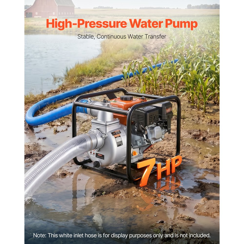 VEVOR Gas Powered Water Pump, 3 in, 242 GPM 7HP Semi Trash Water Transfer Pump Portable, Gasoline Engine with 25 ft Discharge Hose, Heavy Duty Frame, Cast Iron Impeller, for Irrigation, Ponds, Pools