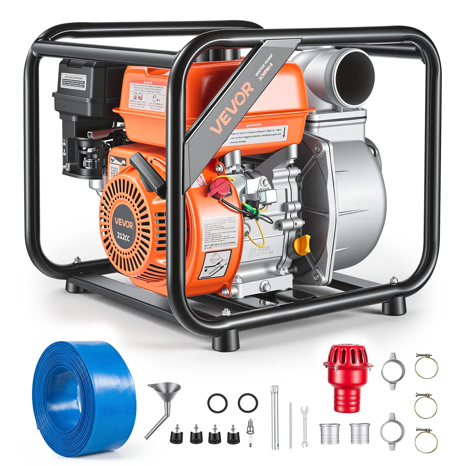 VEVOR Gas Powered Water Pump, 76.2 mm, 242 GPM 7HP Semi Trash Water Transfer Pump Portable, Gasoline Engine with 7.62 m Discharge Hose, Heavy Duty Frame, Cast Iron Impeller, for Irrigation, Pools