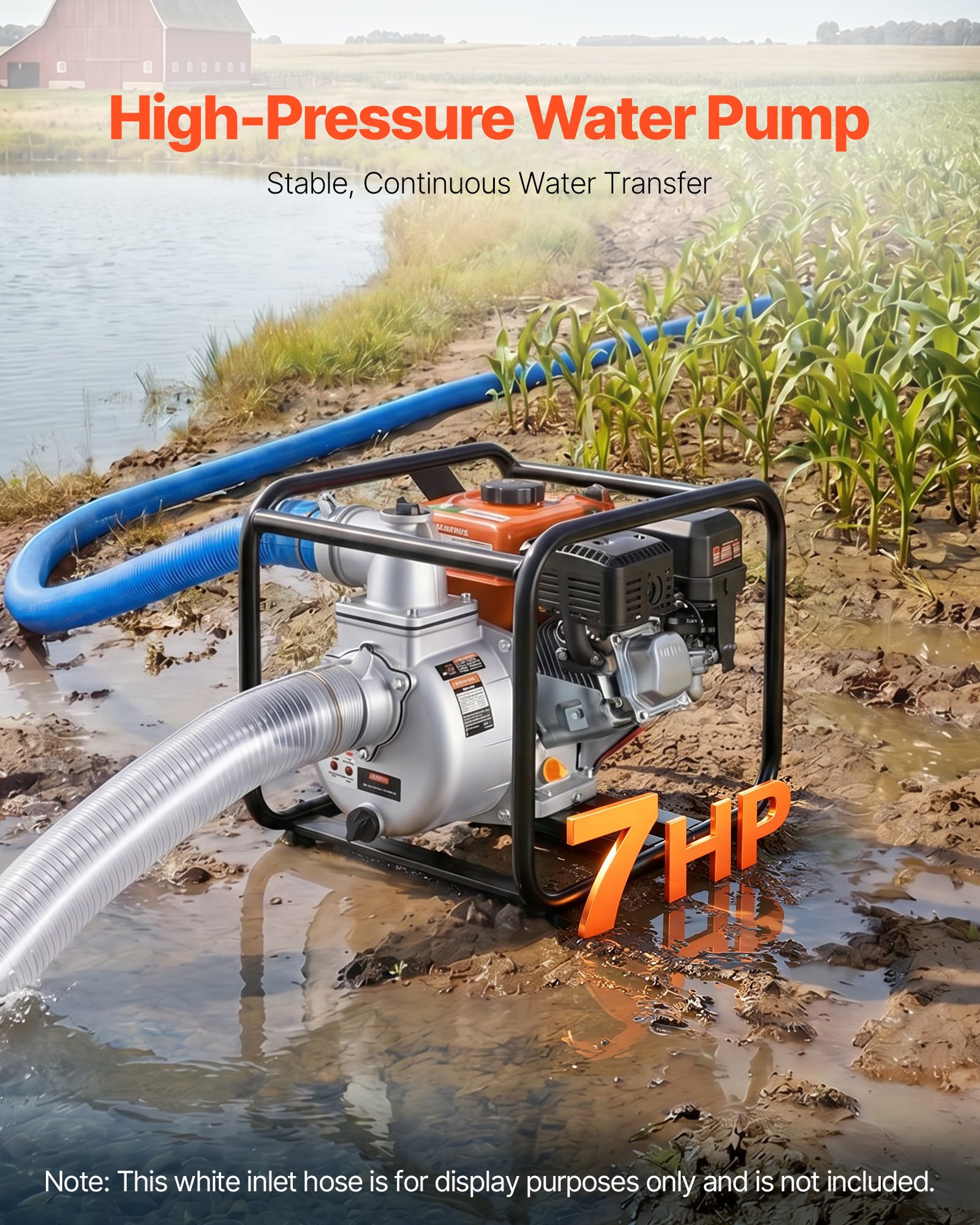 VEVOR Gas Powered Water Pump, 3 in, 242 GPM 7HP Semi Trash Water Transfer Pump Portable, Gasoline Engine with 25 ft Discharge Hose, Heavy Duty Frame, Cast Iron Impeller, for Irrigation, Ponds, Pools