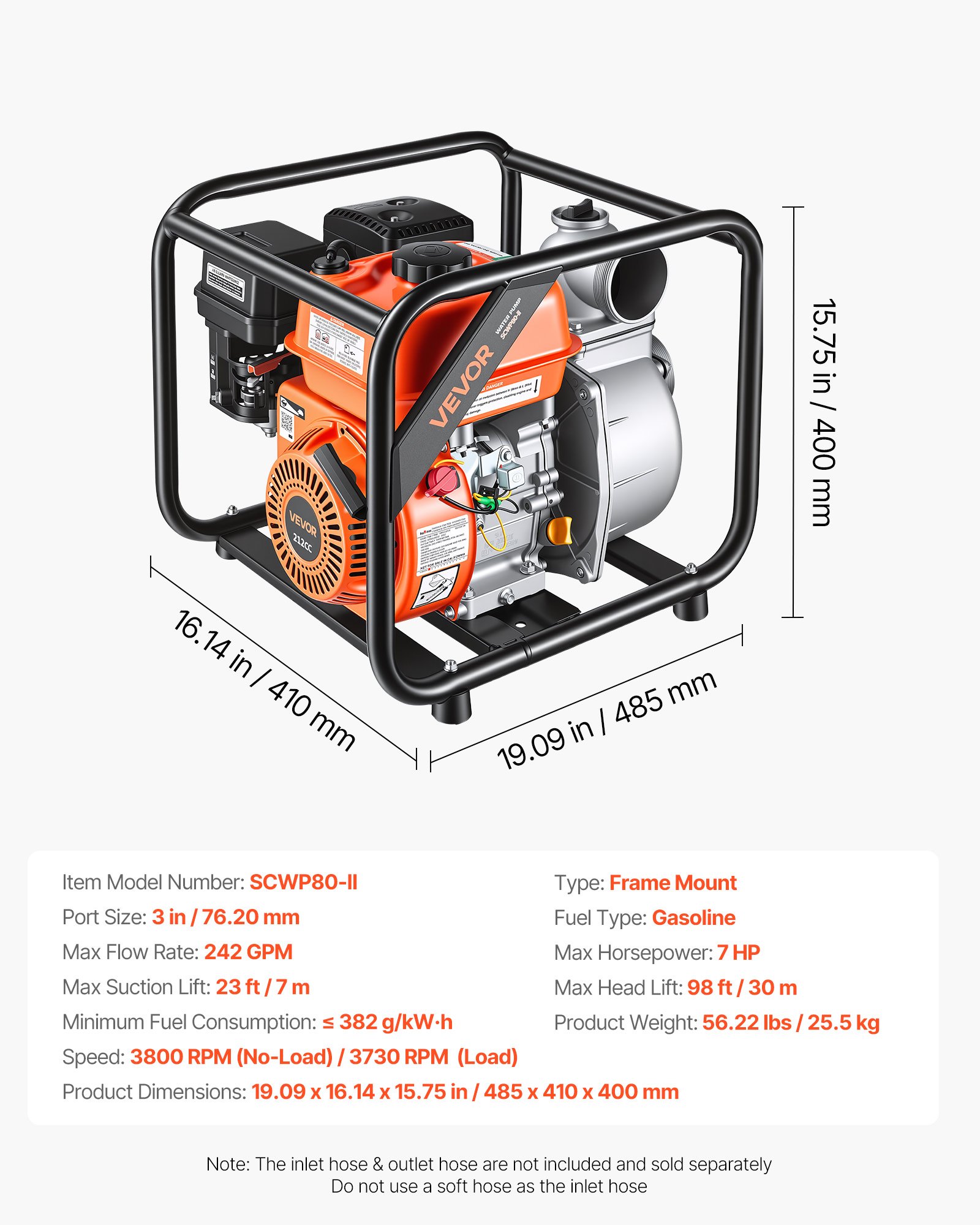VEVOR Gas Powered Water Pump, 3 in, 242 GPM 7HP Semi Trash Water Transfer Pump Portable, Gasoline Engine with 25 ft Discharge Hose, Heavy Duty Frame, Cast Iron Impeller, for Irrigation, Ponds, Pools