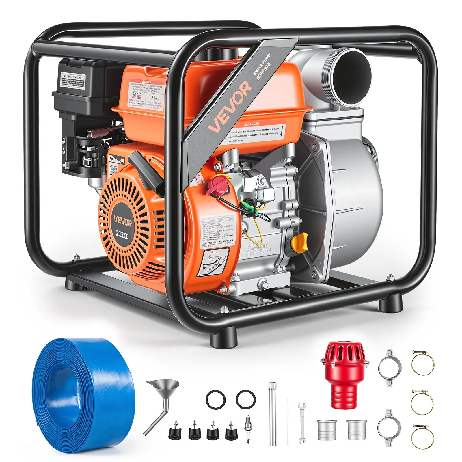 VEVOR Gas Powered Water Pump, 3 in, 242 GPM 7HP Semi Trash Water Transfer Pump Portable, Gasoline Engine with 25 ft Discharge Hose, Heavy Duty Frame, Cast Iron Impeller, for Irrigation, Ponds, Pools