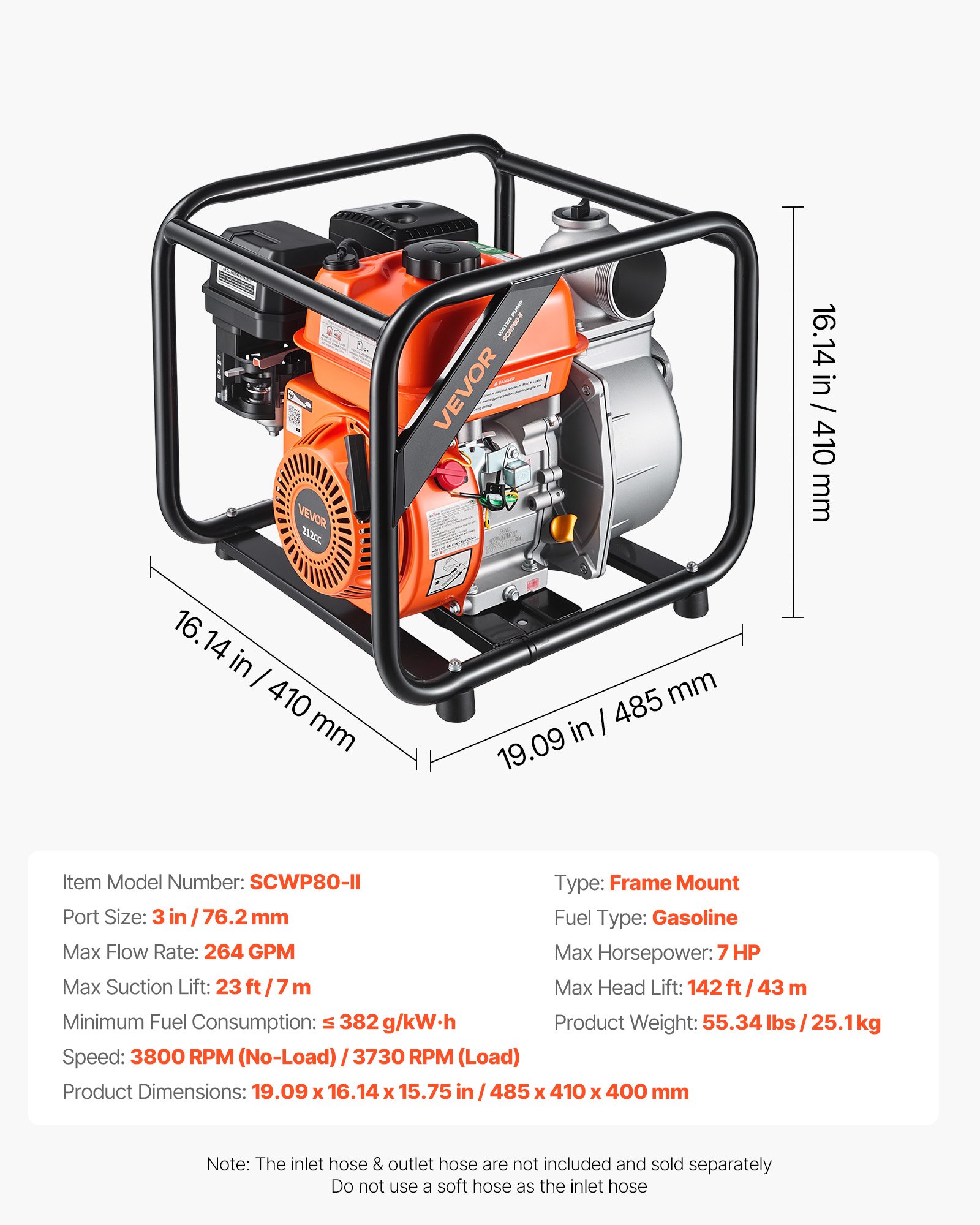 VEVOR Gas Powered Water Pump, 3 in, 264 GPM 7HP Semi Trash Water Transfer Pump Portable, Gasoline Engine with 25 ft Discharge Hose, Heavy Duty Frame, Cast Iron Impeller, for Irrigation, Ponds, Pools