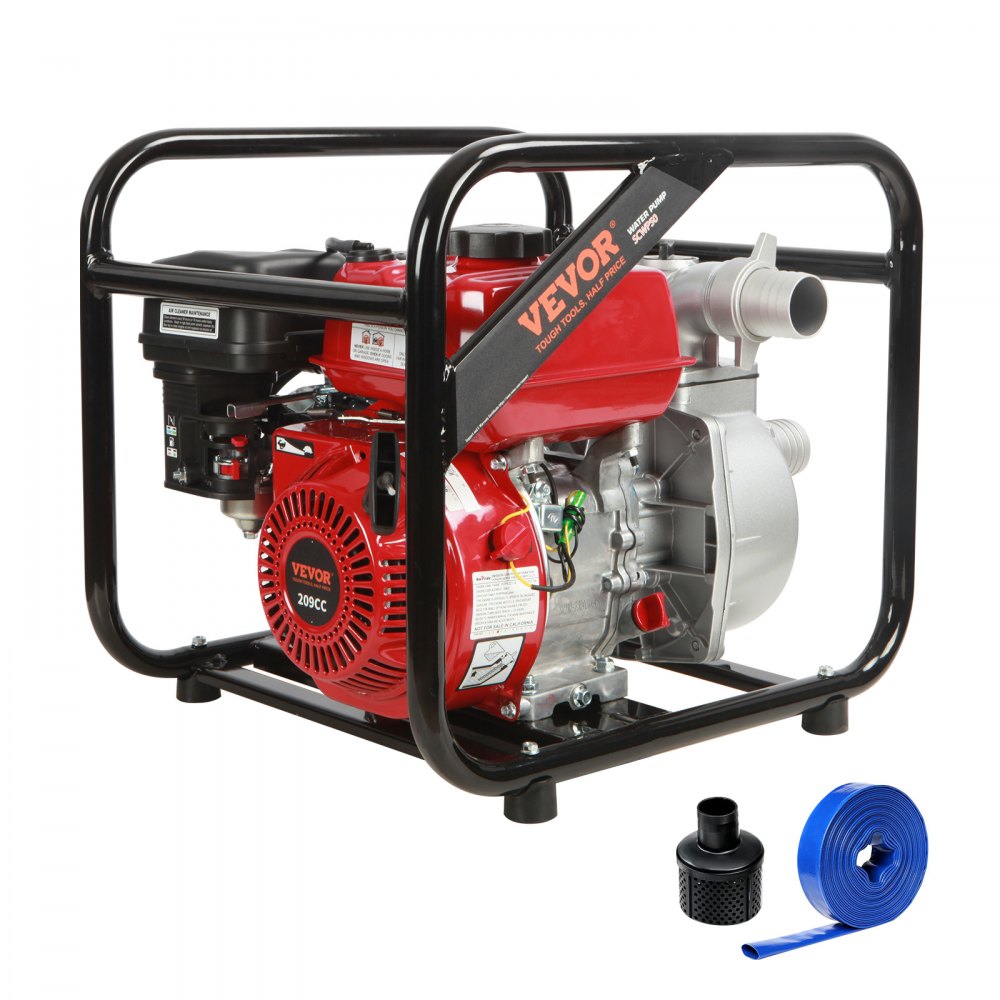 red VEVOR gasoline engine water pump with 209cc engine, black frame, and included accessories.