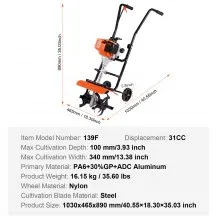 VEVOR Tiller Cultivator Gas Powered, 38CC 4-Stroke Garden Cultivator, Tiller with 4 Steel Adjustable Front Tines for Lawn, Garden and Field Soil Cultivation