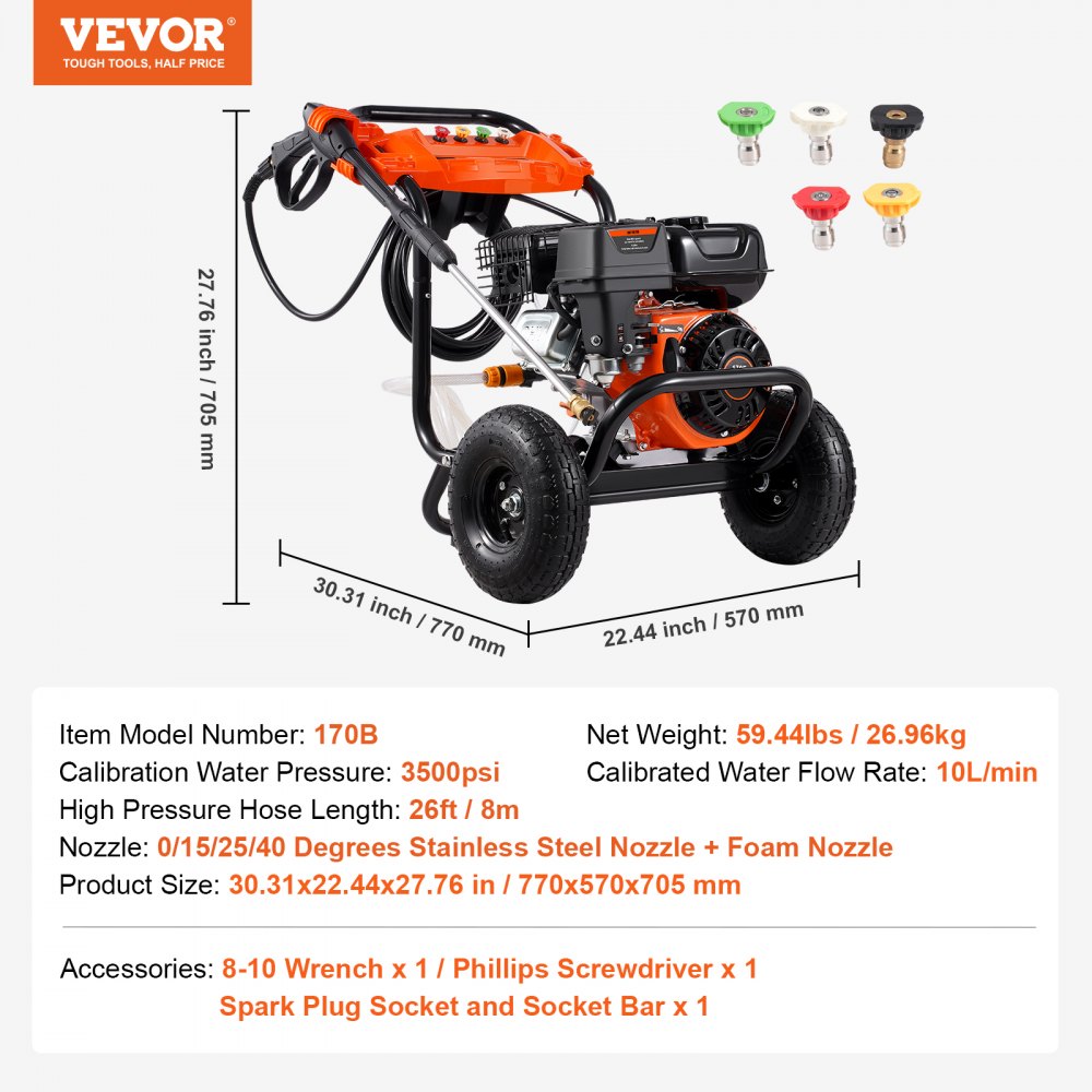 VEVOR Gas Pressure Washer, 3500 PSI 2.6 GPM, Gas Powered Pressure Washer with Aluminum Pump, Spray Gun and Extension Wand, 5 Nozzle Set, for Cars, Fences, Homes, Driveways, Patios, Furniture, Horizontal