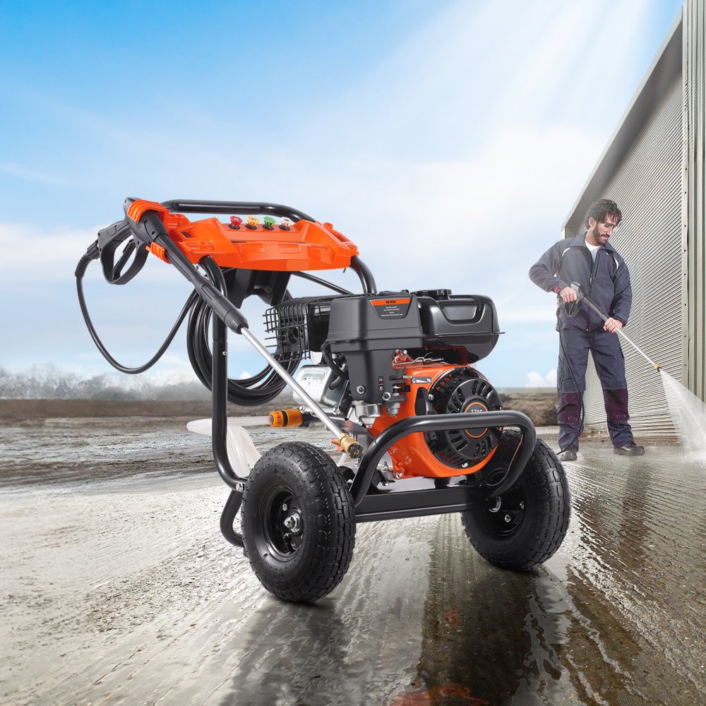 VEVOR Gas Pressure Washer, 3500 PSI 2.6 GPM, Gas Powered Pressure Washer with Aluminum Pump, Spray Gun and Extension Wand, 5 Nozzle Set, for Cars, Fences, Homes, Driveways, Patios, Furniture, Horizontal
