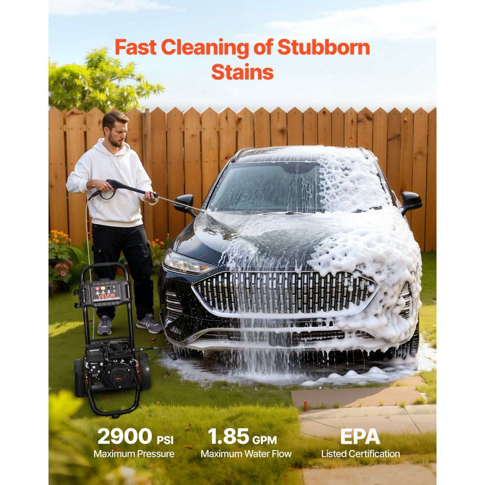 VEVOR Gas Pressure Washer 2900 PSI and 1.85 Max GPM, Upgrade Aluminum Pump with Spray Gun and Wand, 4 Nozzle Set, Gas Powered Pressure Washer for Cars, Fences, Driveways, Homes, Patios, Furniture
