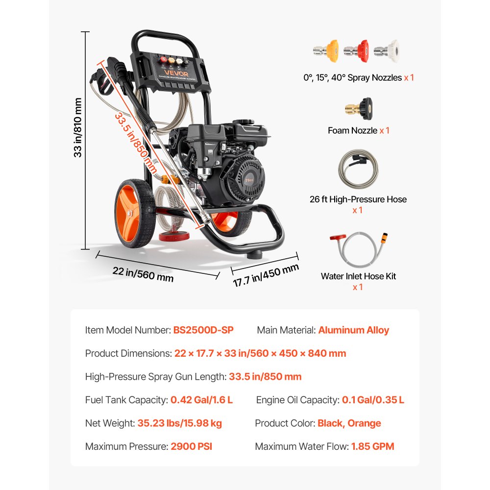 VEVOR Gas Pressure Washer 2900 PSI and 1.85 Max GPM, Upgrade Aluminum Pump with Spray Gun and Wand, 4 Nozzle Set, Gas Powered Pressure Washer for Cars, Fences, Driveways, Homes, Patios, Furniture
