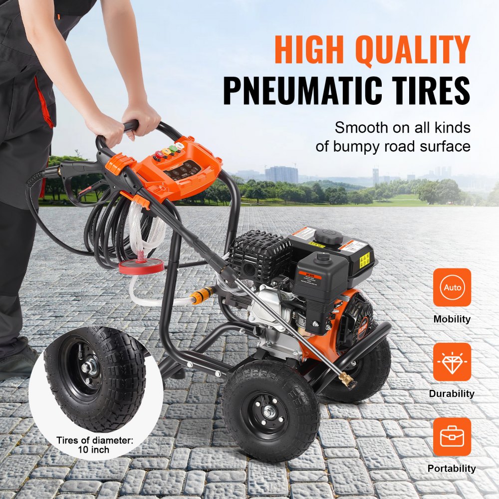 VEVOR Gas Pressure Washer, 3500 PSI 10L/min, 2.6 GPM Gas Powered Pressure Washer with Aluminum Pump, Spray Gun and Extension Wand, 5 Nozzle Set, for Cars, Fences, Homes, Driveways, Patios, Furniture