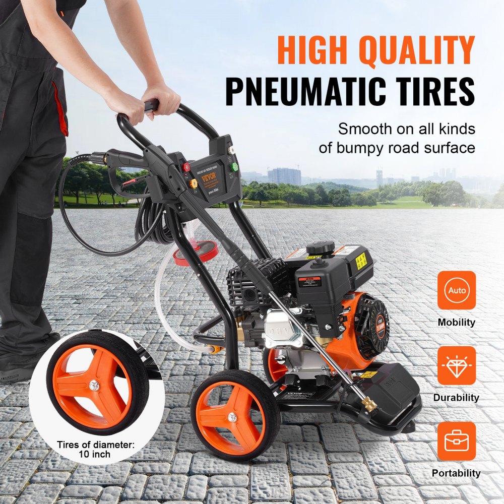 VEVOR Gas Pressure Washer, 3950 PSI 10L/min, 2.6 GPM Gas Powered Pressure Washer with Copper Pump, Spray Gun and Extension Wand, 5 Nozzle Set, for Cars, Fences, Homes, Driveways, Patios, Vertical