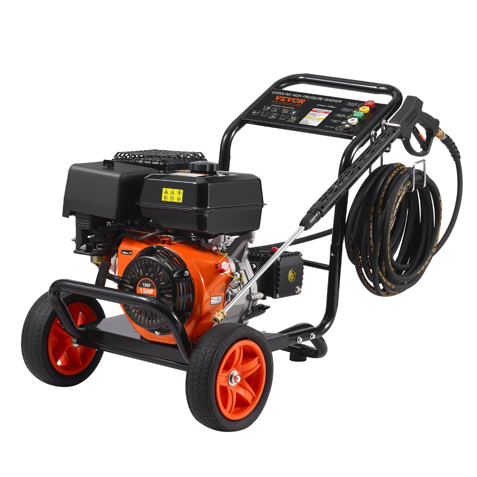 VEVOR Gas Pressure Washer, 4400 PSI 15L/min, 4 GPM Gas Powered Pressure Washer with Copper Pump, Spray Gun and Extension Wand, 5 Nozzle Set, for Cars, Fences, Homes, Driveways, Patios, Furniture