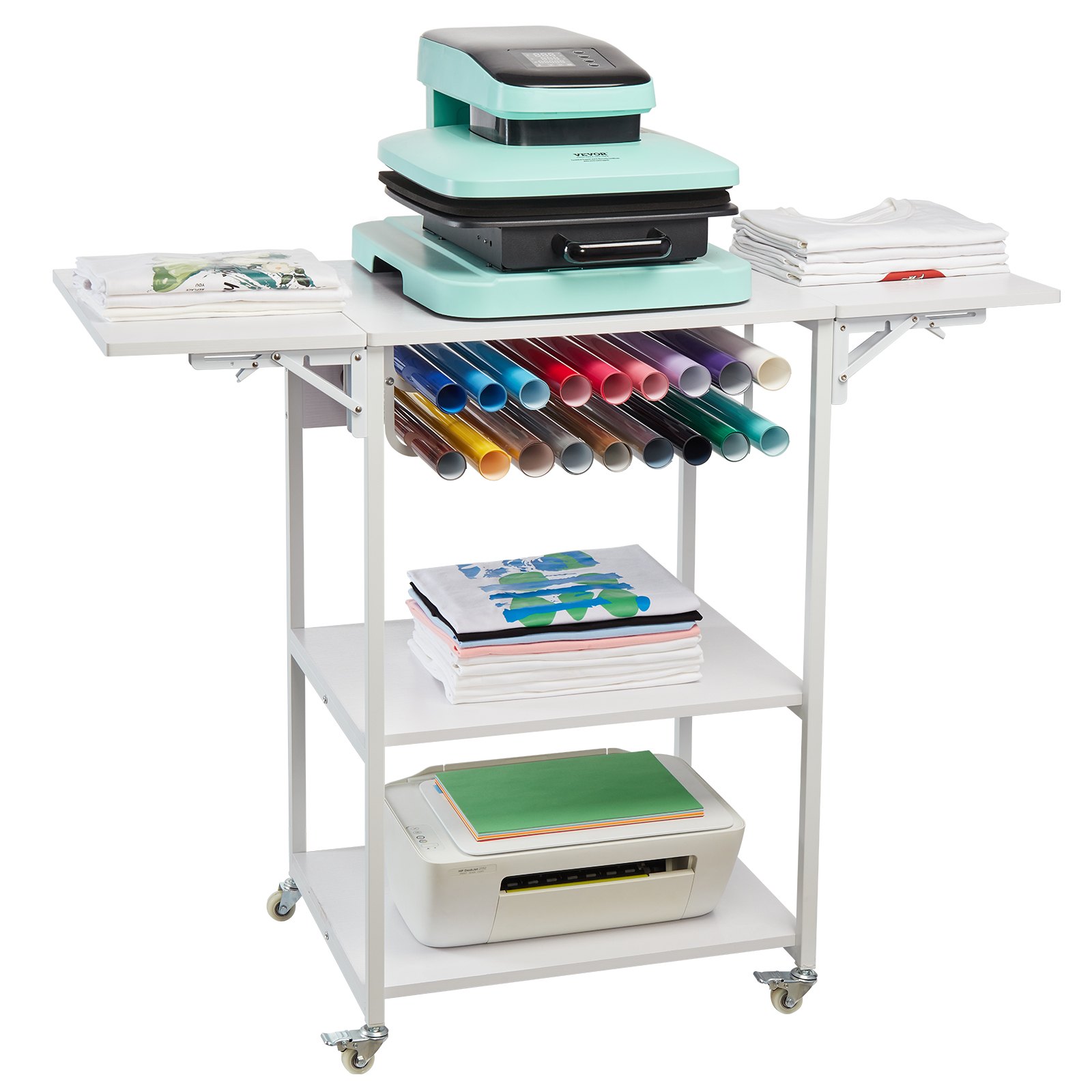 VEVOR Heat Press Table 3Tier Movable Heat Press Stand Foldable with Wheels White