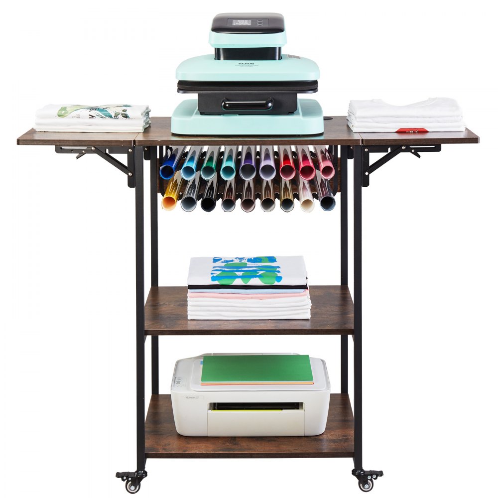 VEVOR Heat Press Table 3Tier Movable Heat Press Stand Foldable with Wheels Brown