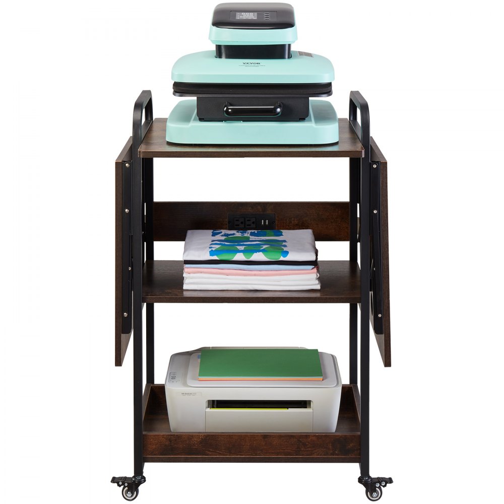 VEVOR Heat Press Table with Charging Station, 3 Tier Movable Heat Press Stand, Foldable Heat Transfer Machine Stand with Wheels, Rolling Metal Workbench for Sublimation Transfer Machine, Brown