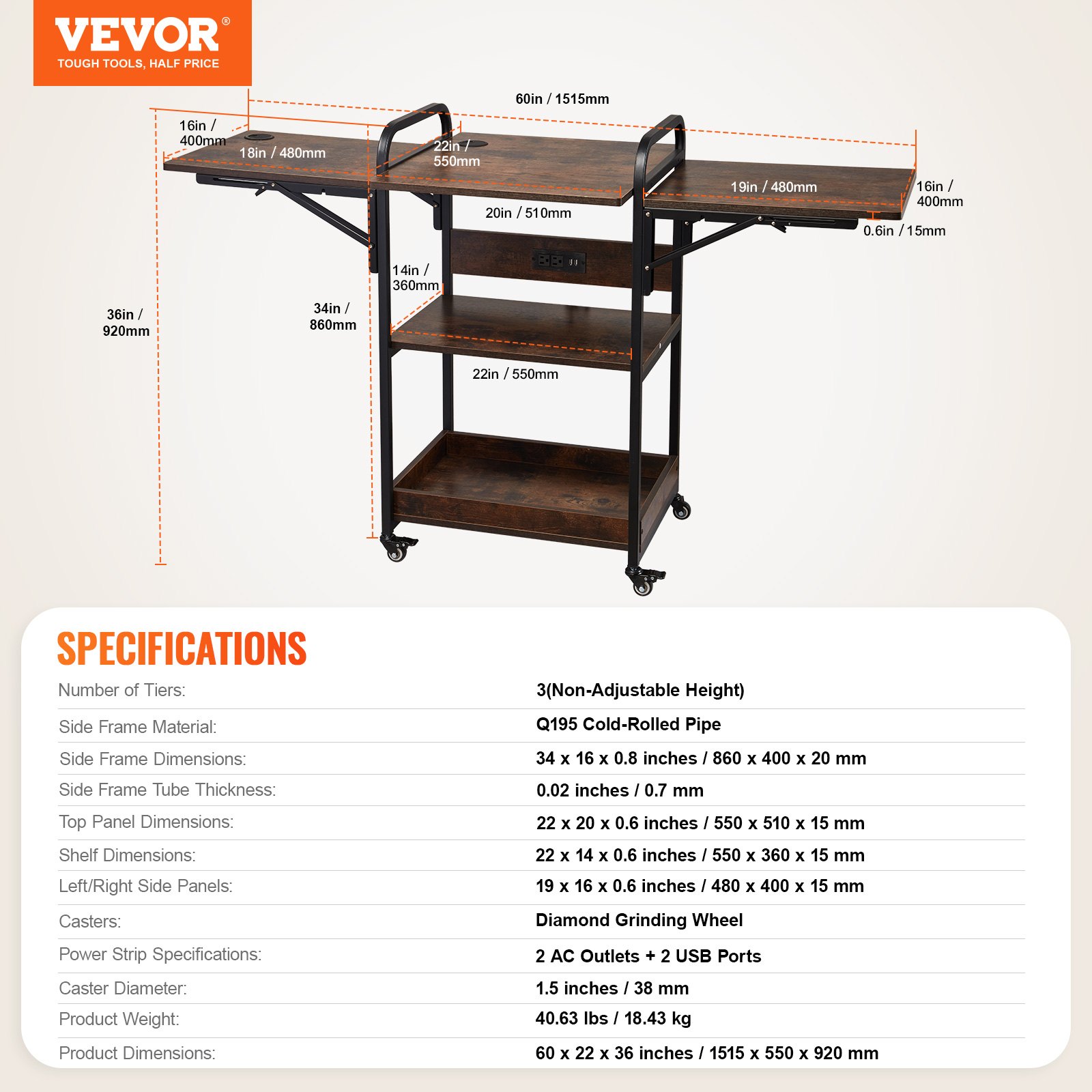 VEVOR Heat Press Table with Charging Station, 3 Tier Movable Heat Press Stand, Foldable Heat Transfer Machine Stand with Wheels, Rolling Metal Workbench for Sublimation Transfer Machine, Brown