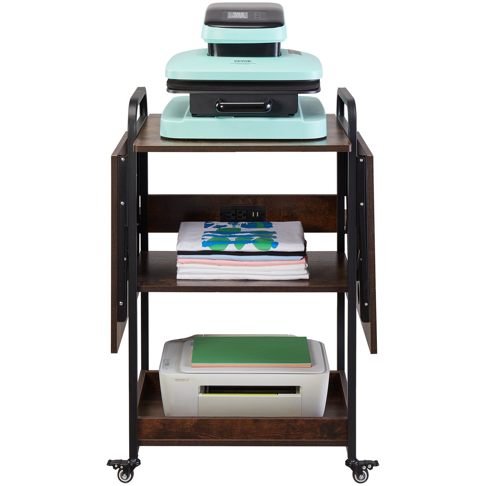 VEVOR Heat Press Table with Charging Station, 3 Tier Movable Heat Press Stand, Foldable Heat Transfer Machine Stand with Wheels, Rolling Metal Workbench for Sublimation Transfer Machine, Brown
