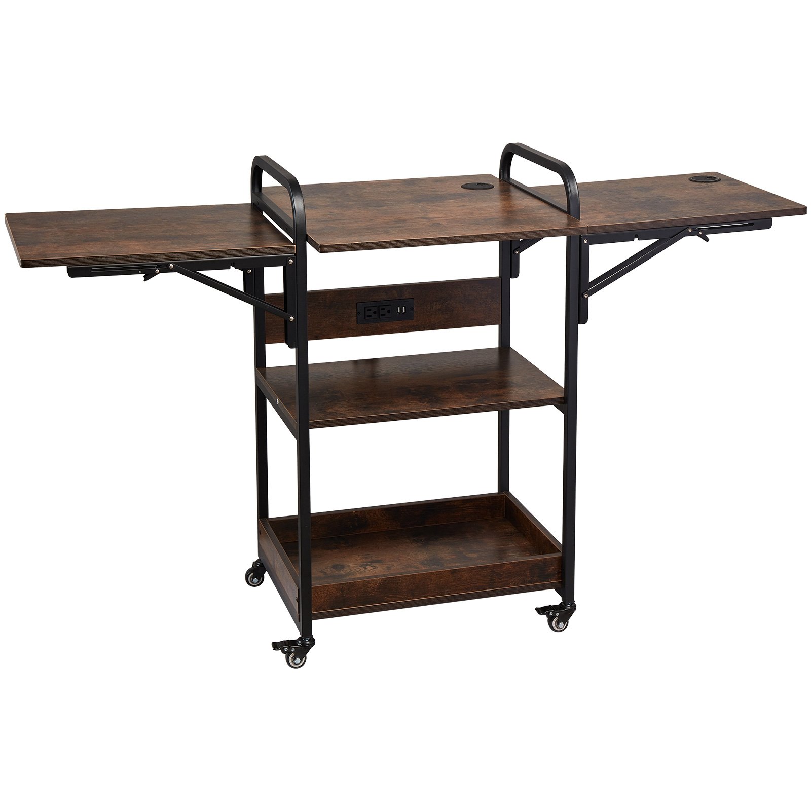 VEVOR Heat Press Table with Charging Station, 3 Tier Movable Heat Press Stand, Foldable Heat Transfer Machine Stand with Wheels, Rolling Metal Workbench for Sublimation Transfer Machine, Brown