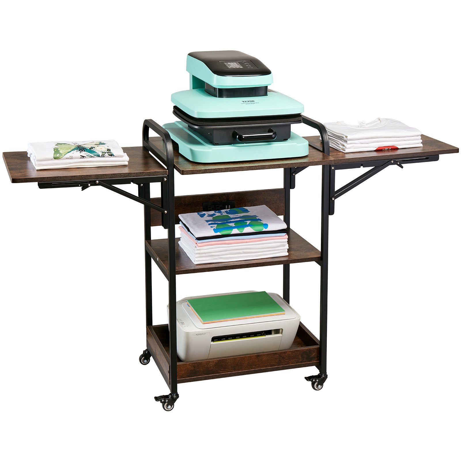 VEVOR Heat Press Table with Charging Station, 3 Tier Movable Heat Press Stand, Foldable Heat Transfer Machine Stand with Wheels, Rolling Metal Workbench for Sublimation Transfer Machine, Brown